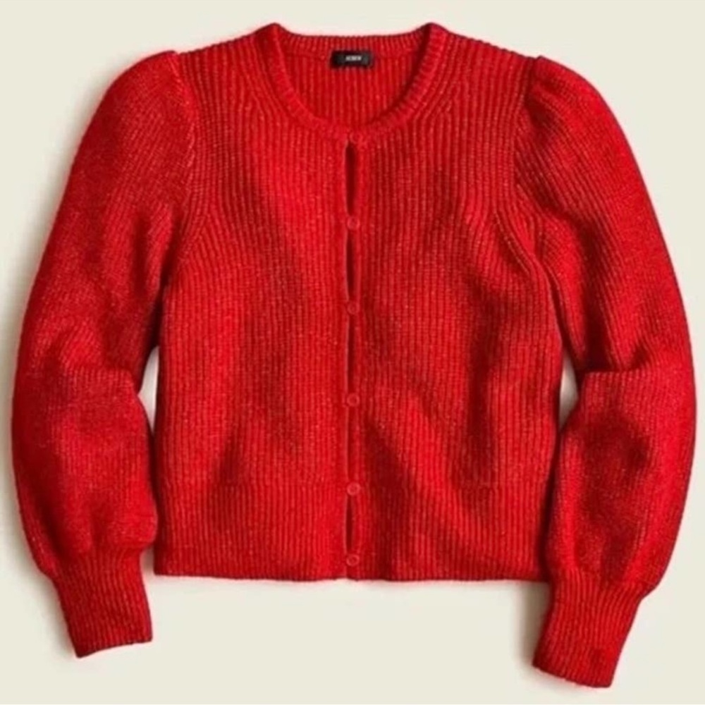 J. Crew Ruby Red Merino Alpaca Blend Puff Sleeve Rib Knit Cardigan Size L NWT
